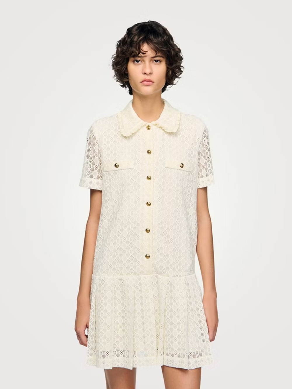 Sandro Cream Lace Short-Sleeve Button-Front Dress